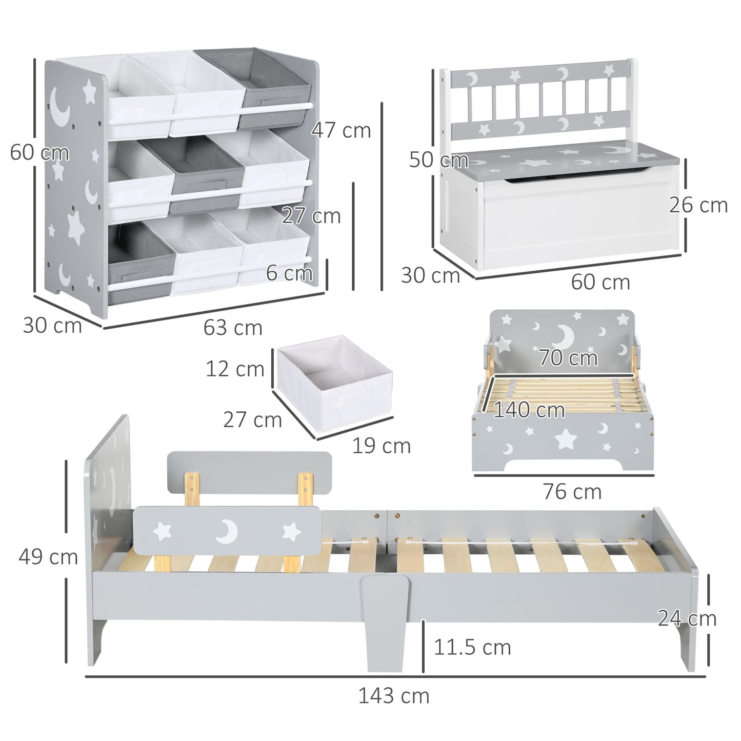 ZONEKIZ 3PCs Kids Furniture Bedroom Set with Bed, Toy Box Bench, Storage Unit with Baskets, Star and Moon Patterns, for 3-6 Years Old Boys Girls, Grey