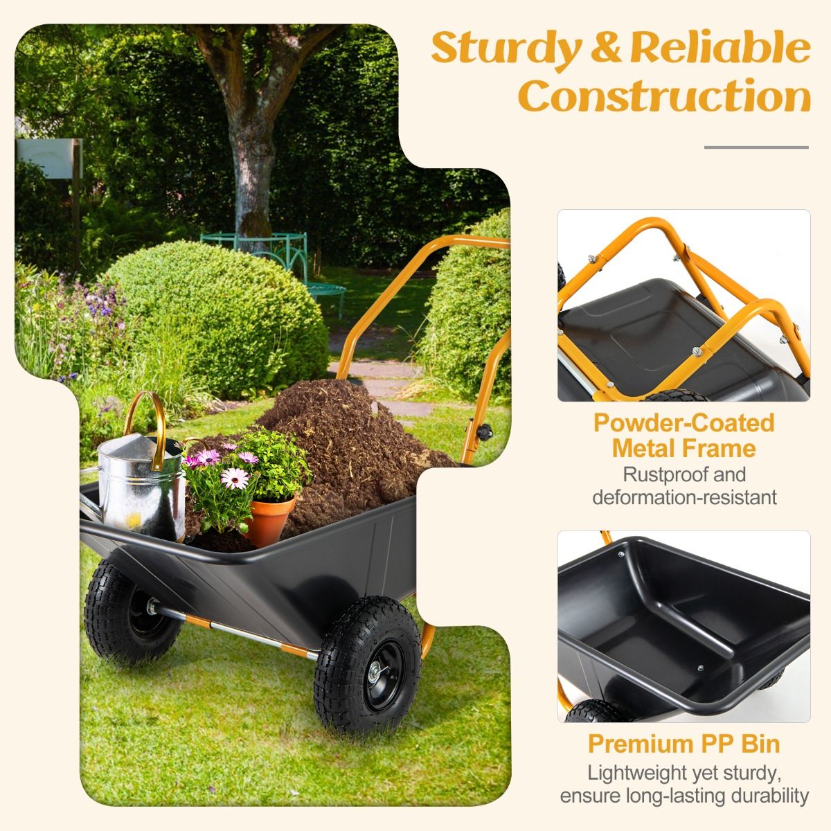 Heavy-Duty Garden Utility Cart with Pneumatic Tires Black