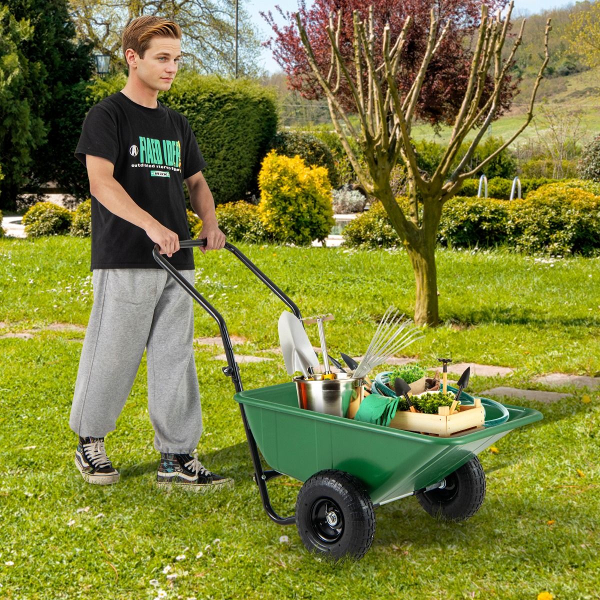 Heavy-Duty Garden Utility Cart with Pneumatic Tires Green