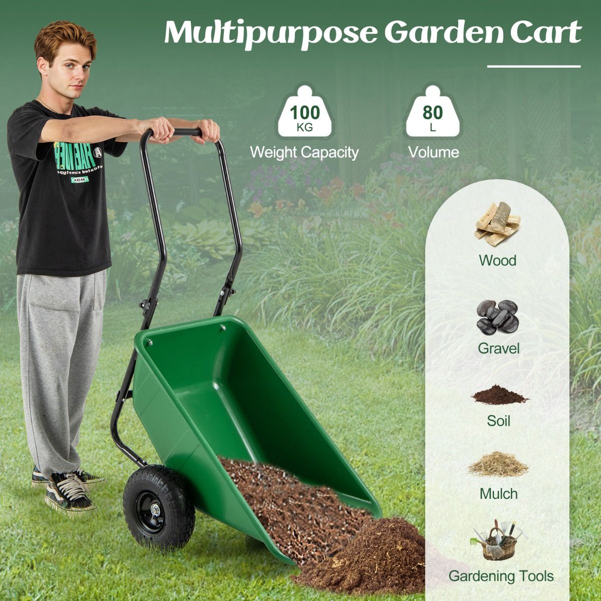 Heavy-Duty Garden Utility Cart with Pneumatic Tires Green