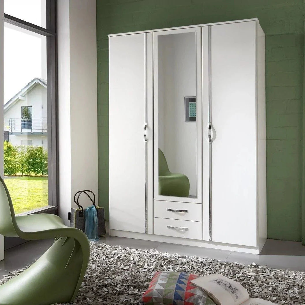 Dewi 3 Door 2 Drawer Mirrored Wardrobe - White