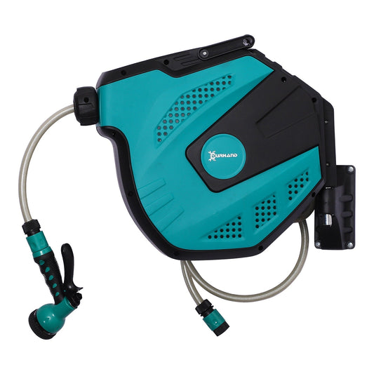 15m Garden Auto Hose Reel Wall Mounted Retractable 7 Patterns Spray Nozzle in Blue