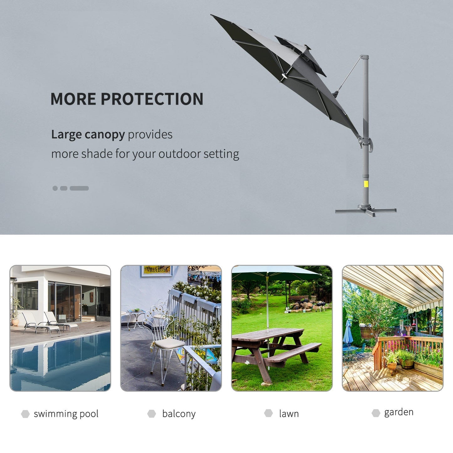 Outsunny 3m Cantilever Parasol w/ Solar Lights Power Bank Cross Base مظلة قابلة للتعديل 360 درجة تدور في الهواء الطلق مظلة حديقة 2-Tier Roof Sun Shade Gray