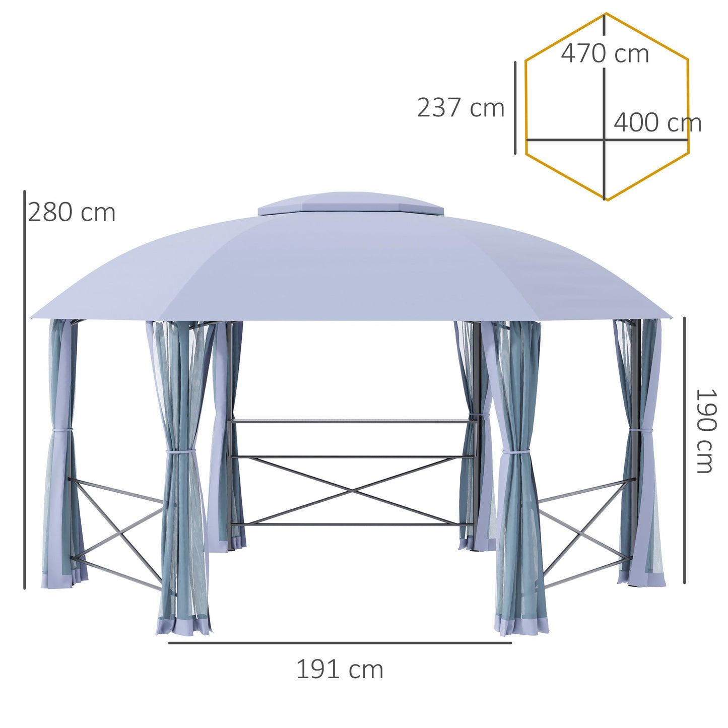 مظلة خارجية معدنية للفناء الخارجي مقاس 4 × 4.7 (م) من Outsunny، مظلة حديقة على شكل سداسي، مظلة خارجية للحماية من أشعة الشمس مع سقف من طبقتين، شبكة، إطار فولاذي، رمادي