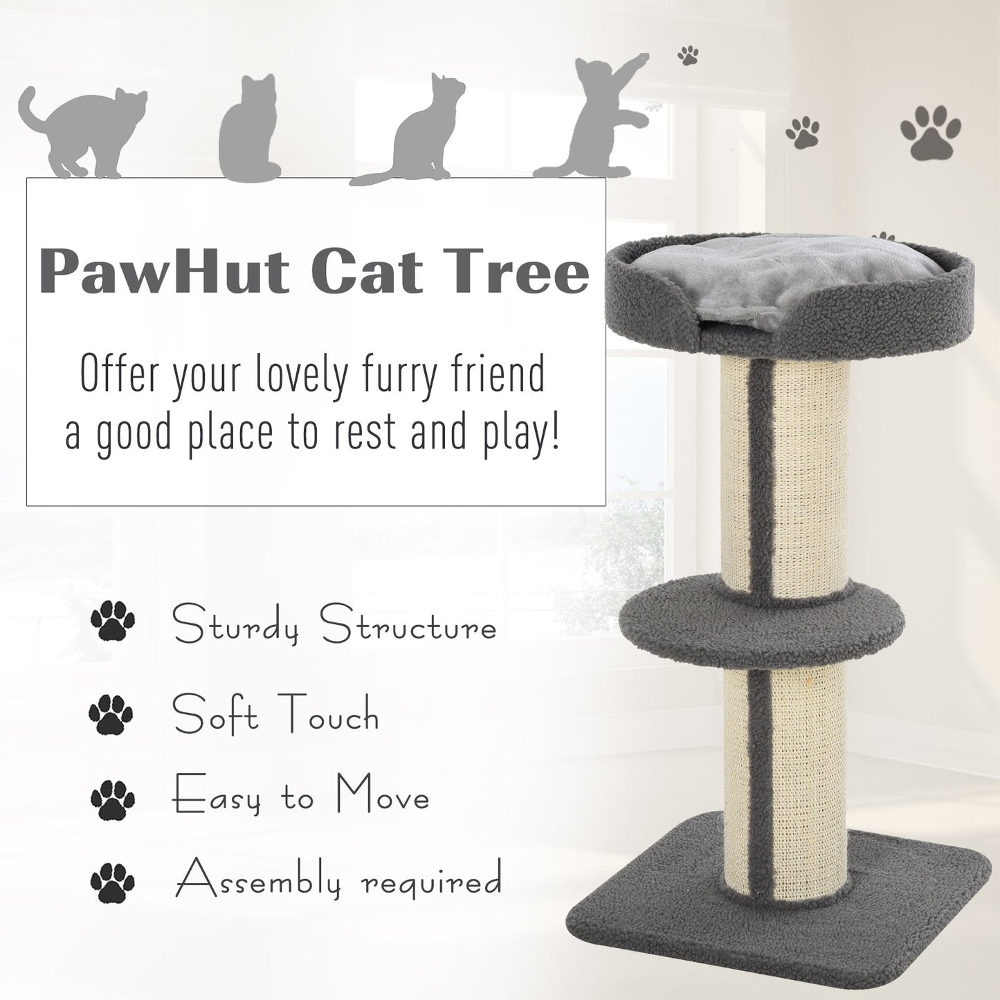 PawHut 81cm Cat Tree Kitten Activity Center Tower Sisal Scratching Posts Lamb Cashmere Perches Grey