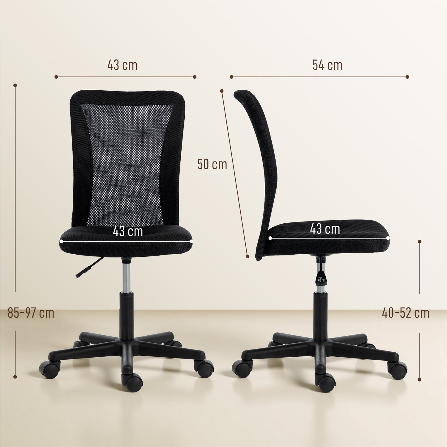 Vinsetto Computer Desk Chair, Armless Mesh Office Chair with Adjustable Height and Rolling Wheels, Black