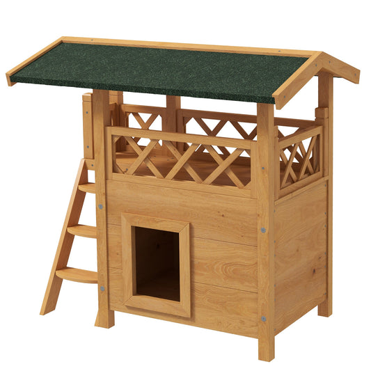 PawHut Cat House Outdoor w/ Balcony Stairs Roof, 77 x 50 x 73 cm, Natural Wood Finish