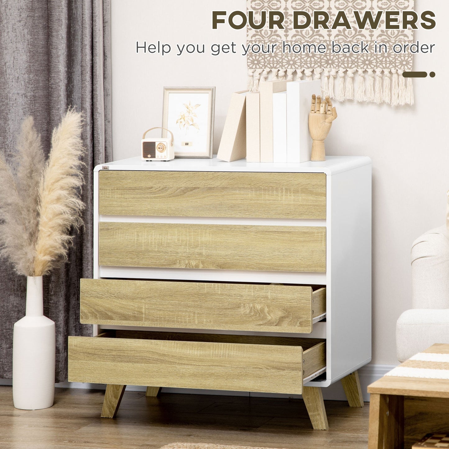 4-Drawer Storage Chest Organiser for Bedroom, Living Room, 80cmx40cmx79.5cm, White and Natural