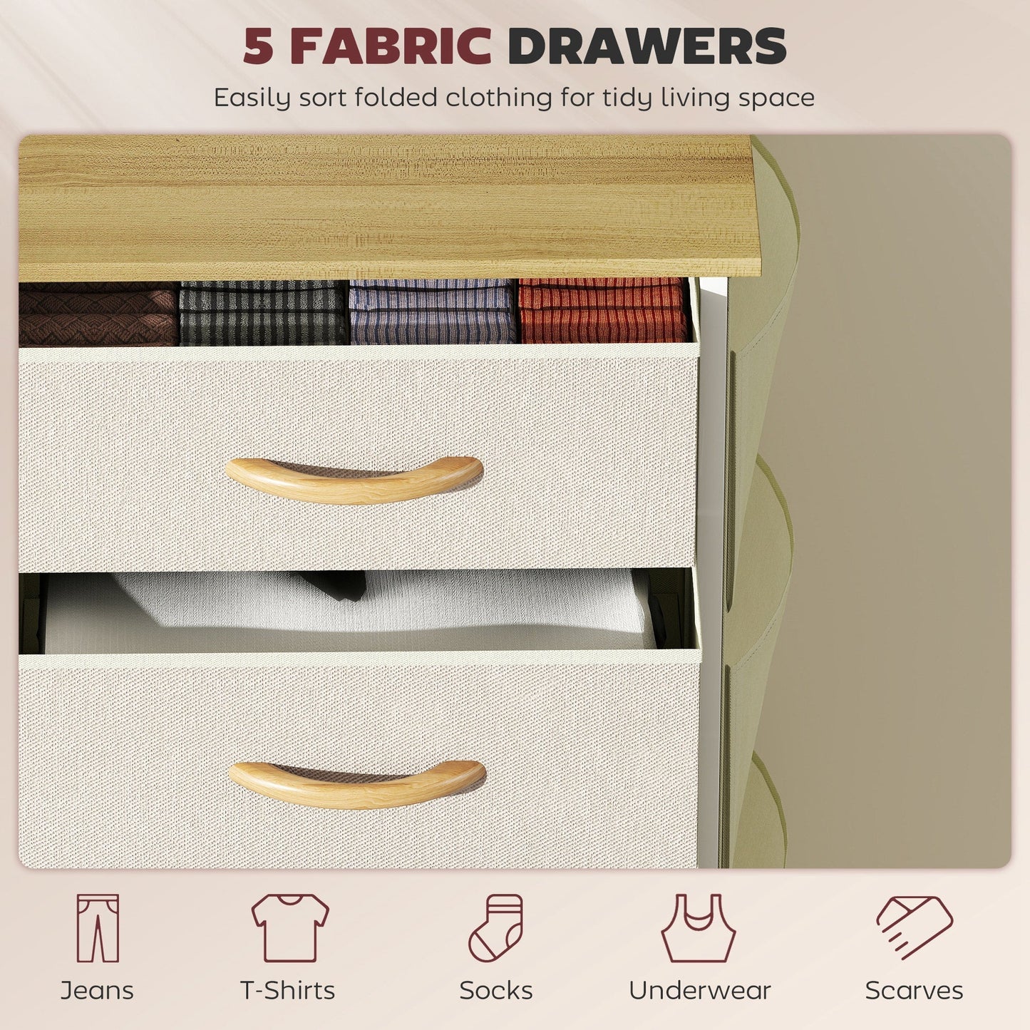 HOMCOM Chest of Five Fabric Drawers - Beige