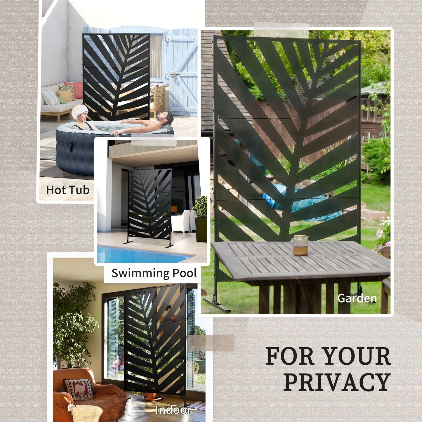 Outsunny Decorative Privacy Screen with Stand, 6.5FT Freestanding Metal Outdoor Divider, Decorative Privacy Panel with Expansion Screws for Garden Patio Pool Hot Tub, Banana Leaf Style, Black