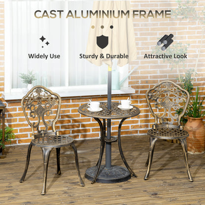 Outsunny 3-częściowy zestaw ogrodowy z odlewu aluminiowego dla 2 osób z otworem na parasol, zestaw stolików kawowych do ogrodu, dwa krzesła bez podłokietników i okrągły stolik kawowy na balkon, patio, brąz