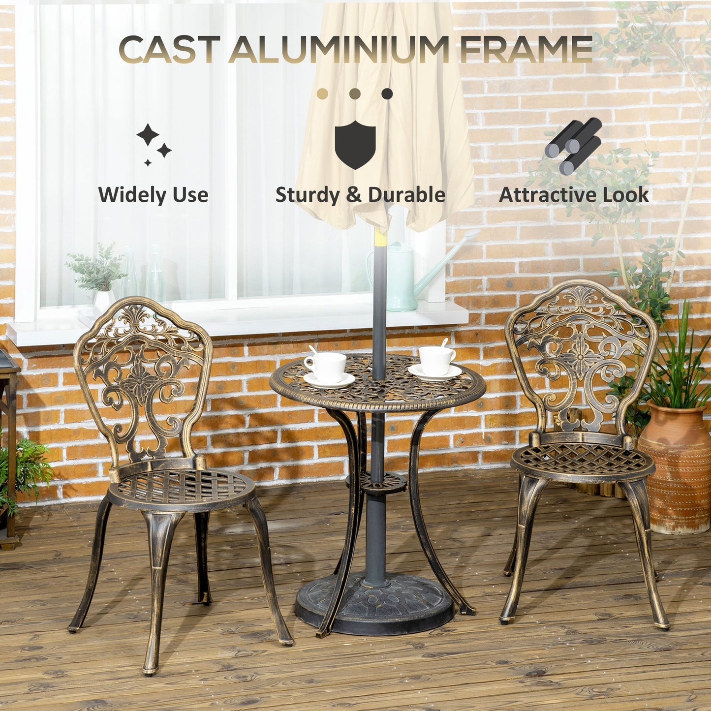 Outsunny 3 Piece Cast Aluminium Garden Bistro Set for 2 with Parasol Hole, Outdoor Coffee Table Set, Two Armless Chairs and Round Coffee Table for Balcony, Patio, Bronze