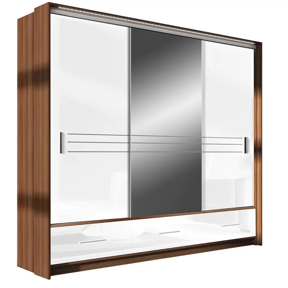 Wiltshire 250cm Large Sliding Door Wardrobe with Mirror Walnut with 3 Drawers - White Gloss and Black Gloss