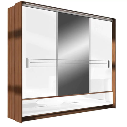 Wiltshire 250cm Large Sliding Door Wardrobe with Mirror Walnut with 3 Drawers - White Gloss and Black Gloss