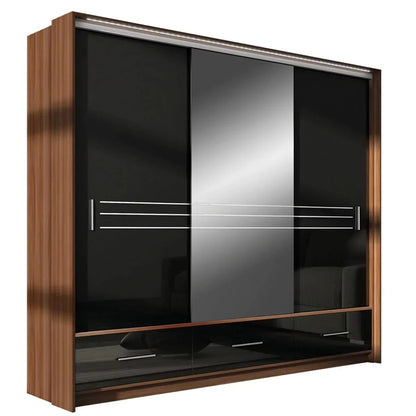 Wiltshire 250cm Large Sliding Door Wardrobe with Mirror Walnut with 3 Drawers - White Gloss and Black Gloss