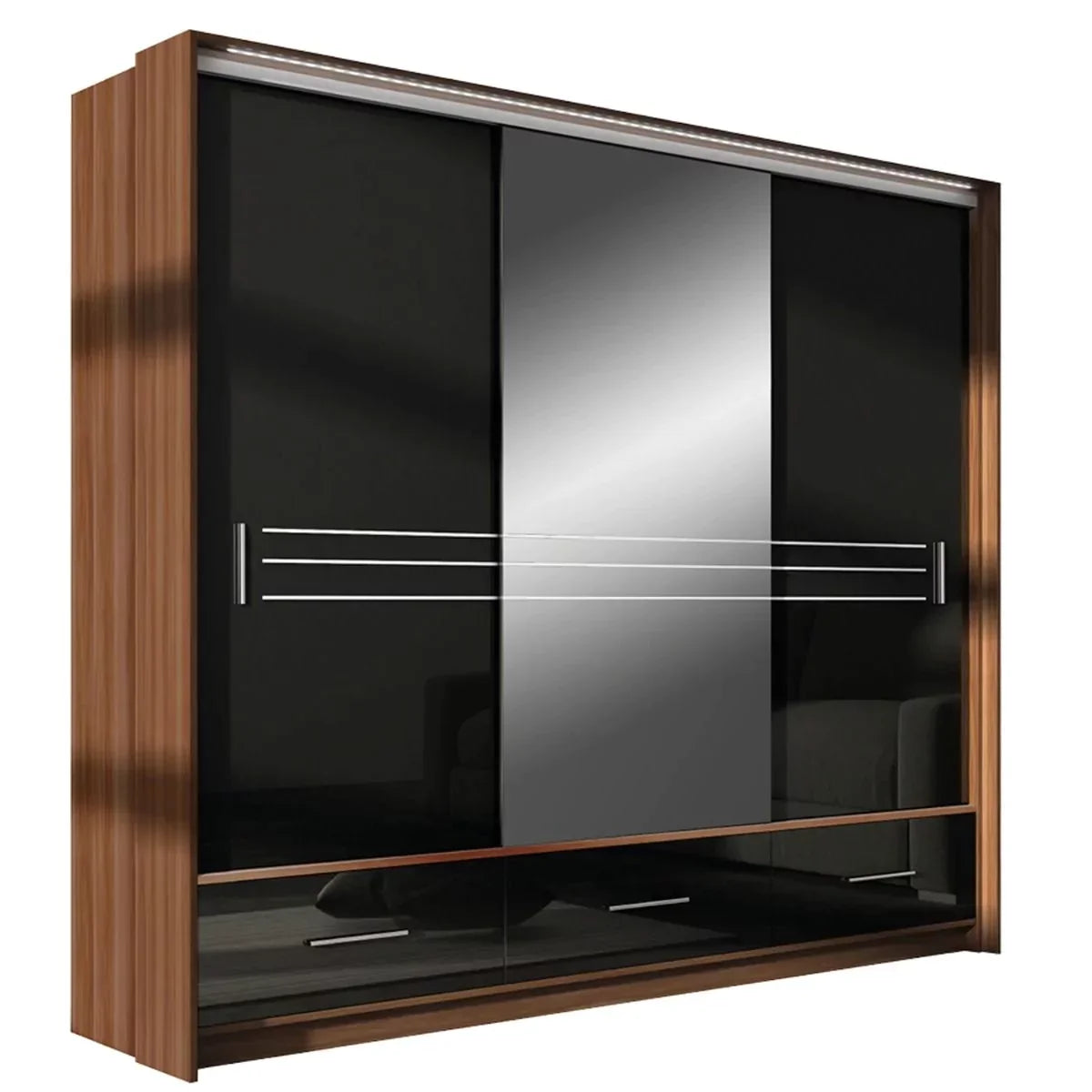 Wiltshire 250cm Large Sliding Door Wardrobe with Mirror Walnut with 3 Drawers - Black Gloss and White Gloss