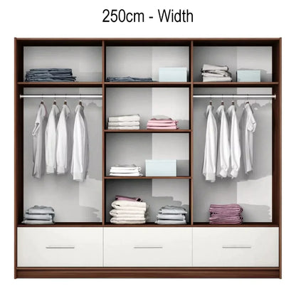 Wiltshire 250cm Large Sliding Door Wardrobe with Mirror Walnut with 3 Drawers - Black Gloss and White Gloss