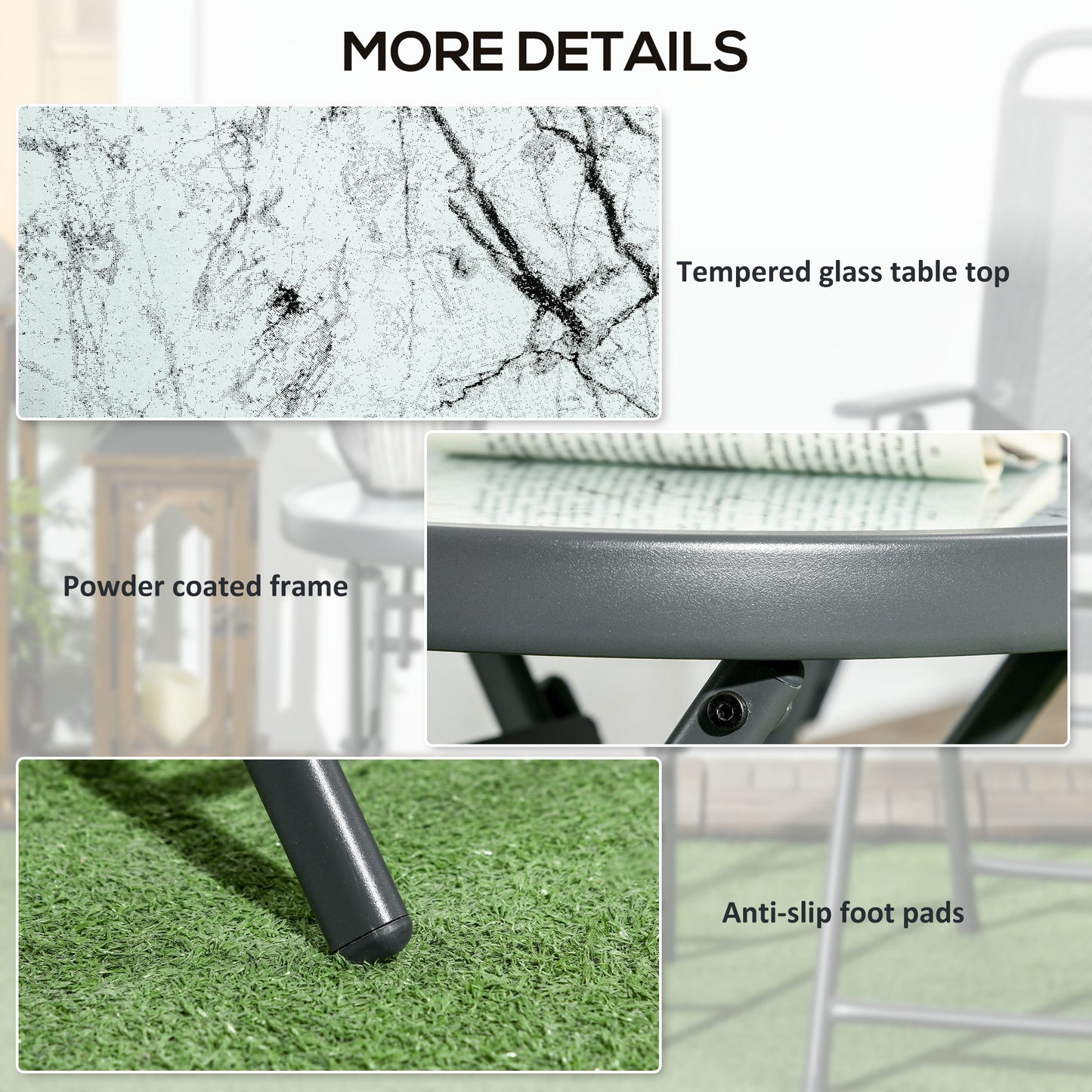 Outsunny â45cm Garden Side Table, Outdoor Round Folding Patio Table with Imitation Marble Glass Top, Small Coffee Table, White
