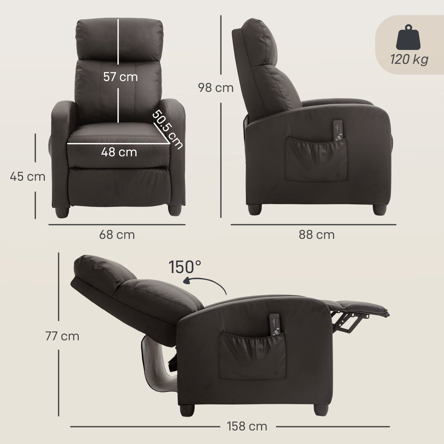 HOMCOM Recliner Armchair, Massage Faux Leather Push Back Reclining Chair with Adjustable Leg Rest, Side Pocket, for Home Living Room Theatre, Brown