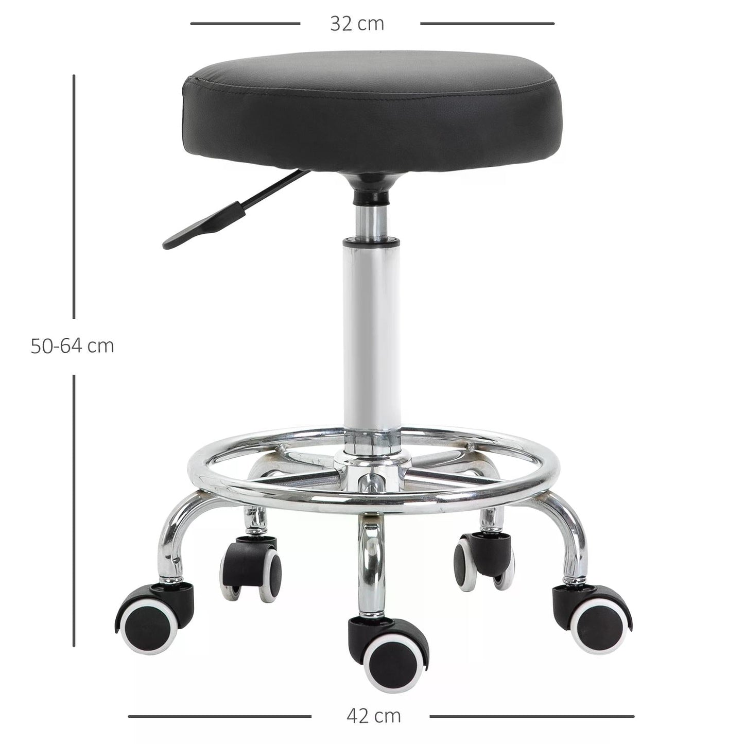 Vinsetto Round Rolling Stool, PU Leather Height Adjustable Stool Chair with Wheels and Swivel Seat for Salon, Massage, Spa, Home Kitchen, Black