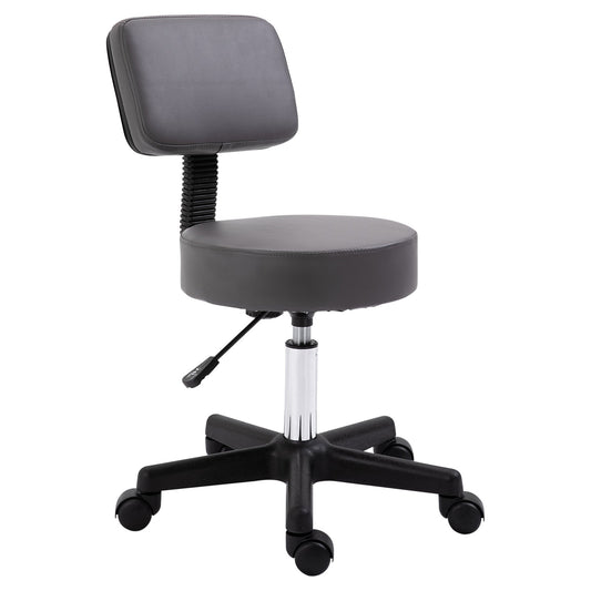 Fotel obrotowy kosmetyczny HOMCOM z wyściełanym oparciem, 5 kółek, regulowana wysokość, salon fryzjerski, tatuaż, poduszka rolowana, profesjonalny, 35 cm, szary