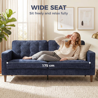 HOMCOM 3 Seater Sofa Button Tufted Upholstered Velvet Couch with Wood Legs for Living Room, Dark Blue