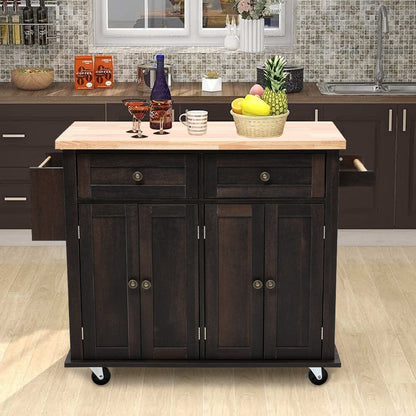 Livingandhome Modern Rolling Wooden Kitchen Island Cart with Storage Cabinets, XY0337