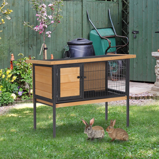 PawHut Wooden Rabbit Hutch Elevated Pet Cage with Slide-Out Tray Outdoor Natural