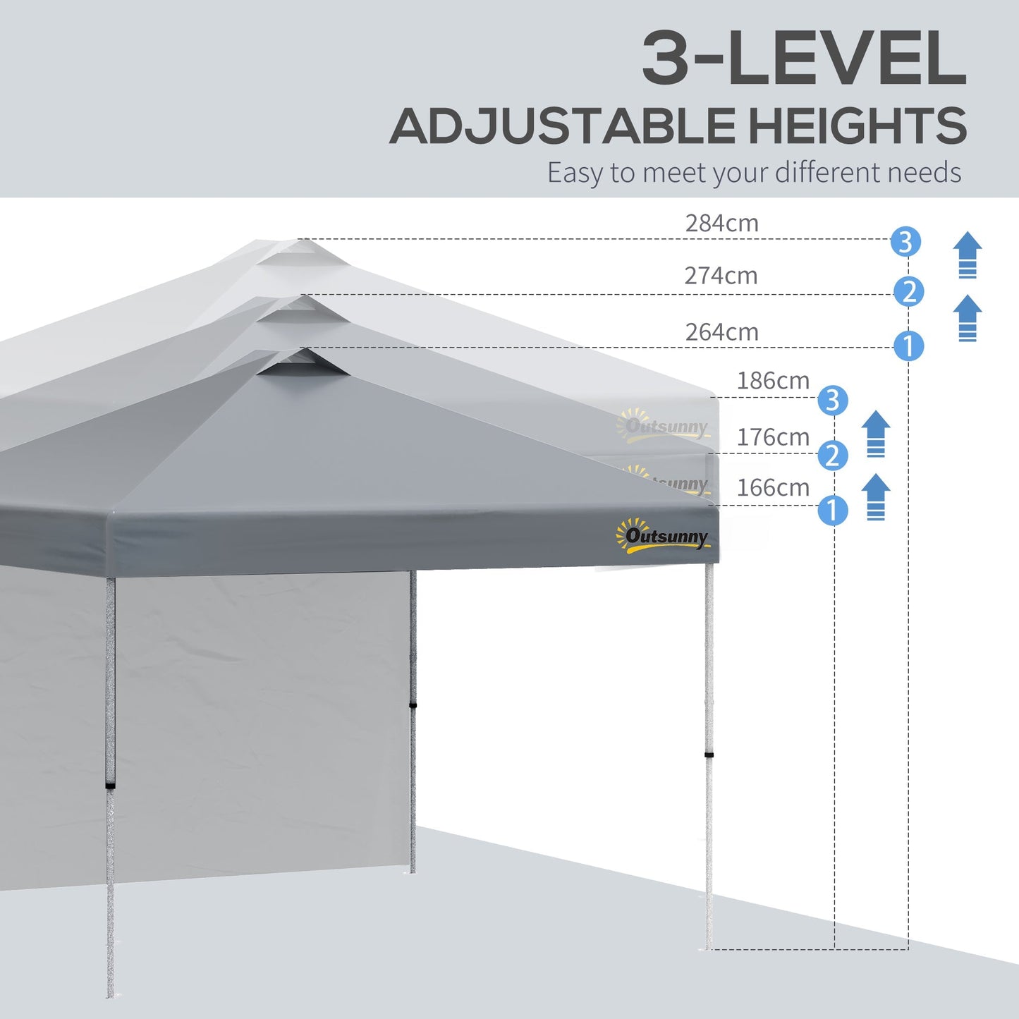 Outsunny 3x(3)M Pop Up Gazebo Tent with 1 Sidewall, Roller Bag, Adjustable Height, Event Shelter Tent for Garden, Patio, Grey