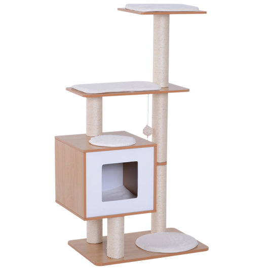 PawHut Cat Tree Wooden Cat Scratching Post for Indoor Cats Kitten House Condo Activity Center w/ Cushion Hanging Toy Multi-level