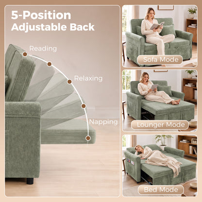 HOMCOM 2 Seater Sofa Bed 3-in-1 Convertible Chenille Pull Out Sleeper Sofa with 5-Position Adjustable Backrest, Light Green