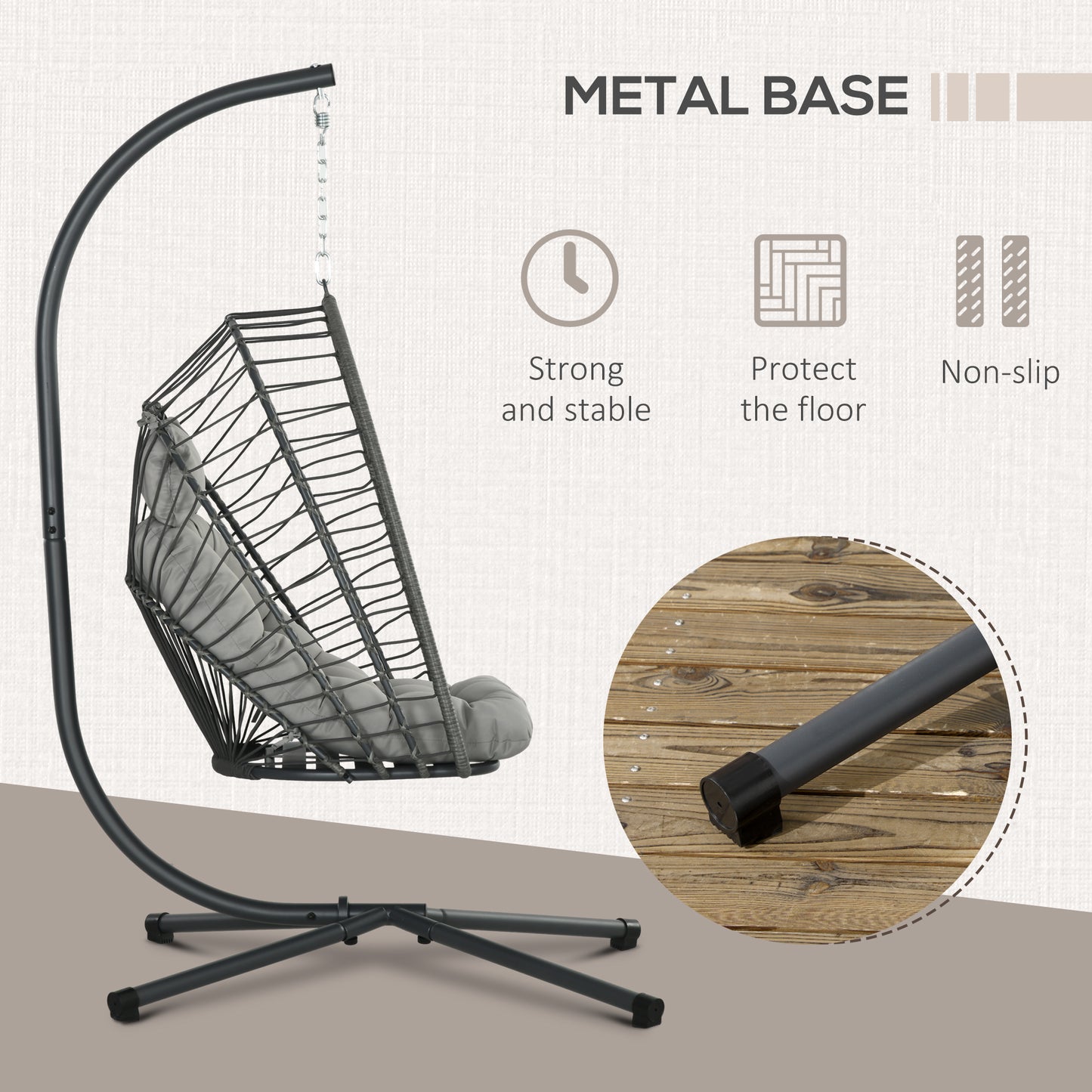Outsunny Outdoor PE Rattan Swing Chair z poduszką, składany kosz ogrodowy Patio Hanging Egg Chair z metalowym stojakiem, zagłówek, do wewnątrz i na zewnątrz, jasnoszary