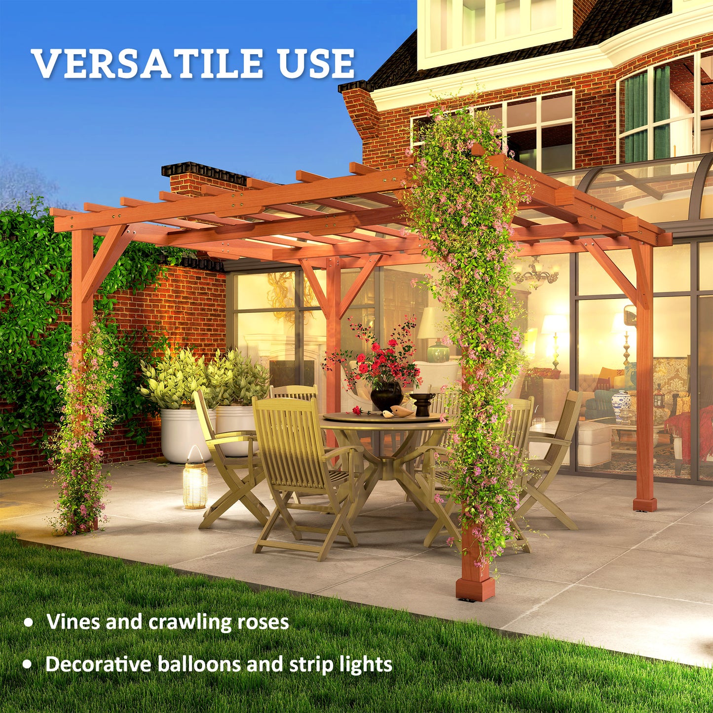 Zestaw pergoli drewnianej Outsunny 3,3 x 3,3 m, altana Graden Pergola, kratka na winorośl ze stabilną konstrukcją dla pnączy, kwiaty