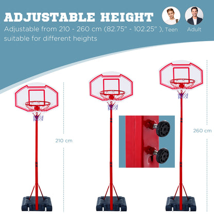 HOMCOM Basketball Hoop Stand Portable System PE Backboard Height Adjustable 2.1-2.6m with Wheels for Adults Sports Fun