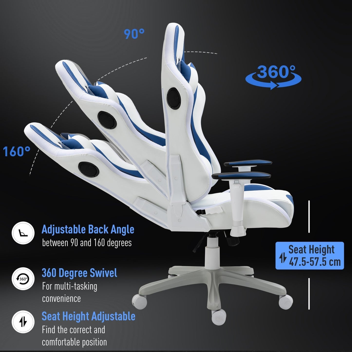 Vinsetto Video Game Chair with RGB LED Light, Bluetooth Speakers Music Racing Gaming Chair PU Leather 360° Swivel with Headrest Pillow, White