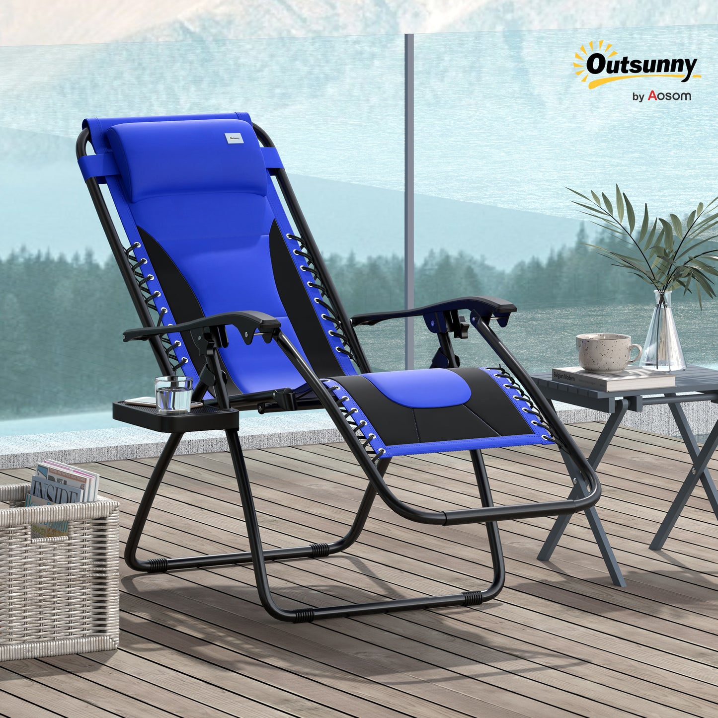 Outsunny Zero Gravity Lounger Chair, składany rozkładany fotel ogrodowy z wyściełanym siedziskiem, uchwytem na kubek, miękką poduszką i zagłówkiem do użytku przy basenie, kempingowy, niebieski