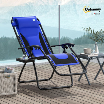 Outsunny Zero Gravity Lounger Chair, składany rozkładany fotel ogrodowy z wyściełanym siedziskiem, uchwytem na kubek, miękką poduszką i zagłówkiem do użytku przy basenie, kempingowy, niebieski