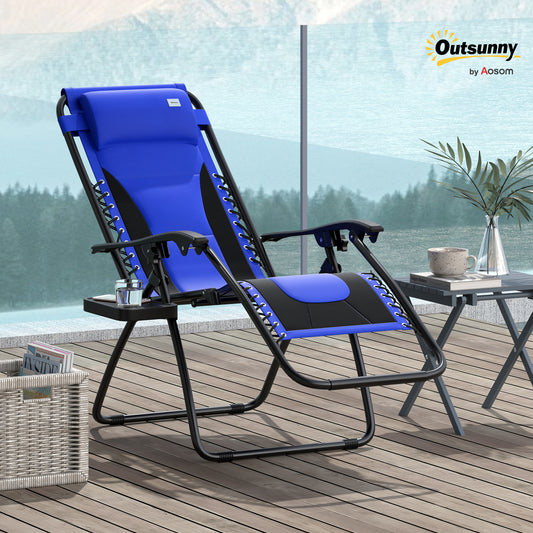 Outsunny Zero Gravity Lounger Chair, składany rozkładany fotel ogrodowy z wyściełanym siedziskiem, uchwytem na kubek, miękką poduszką i zagłówkiem do użytku przy basenie, kempingowy, niebieski