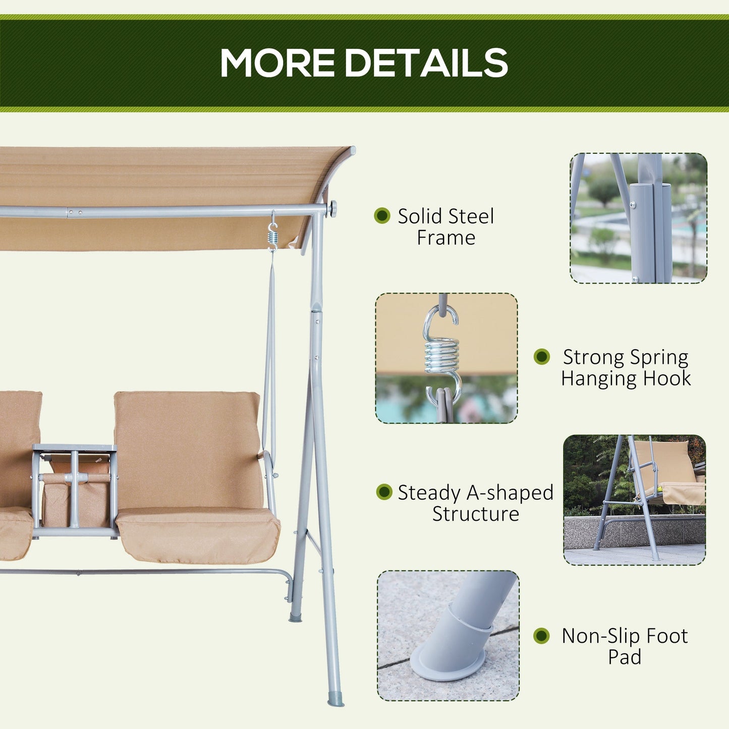 2 Seater Garden Swing Chair Patio Rocking Bench w/ Tilting Canopy, Double Padded Seats, Storage Bag and Tray, Beige