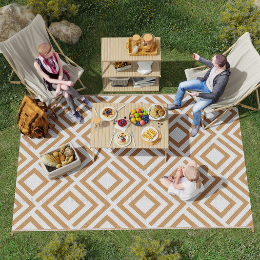 Outsunny Reversible Outdoor Rug, plastikowa mata słomiana z torbą transportową, kołki do mocowania na ziemi, do ogrodu, kempingu, pikniku, plaży, 182x274 cm, brązowy