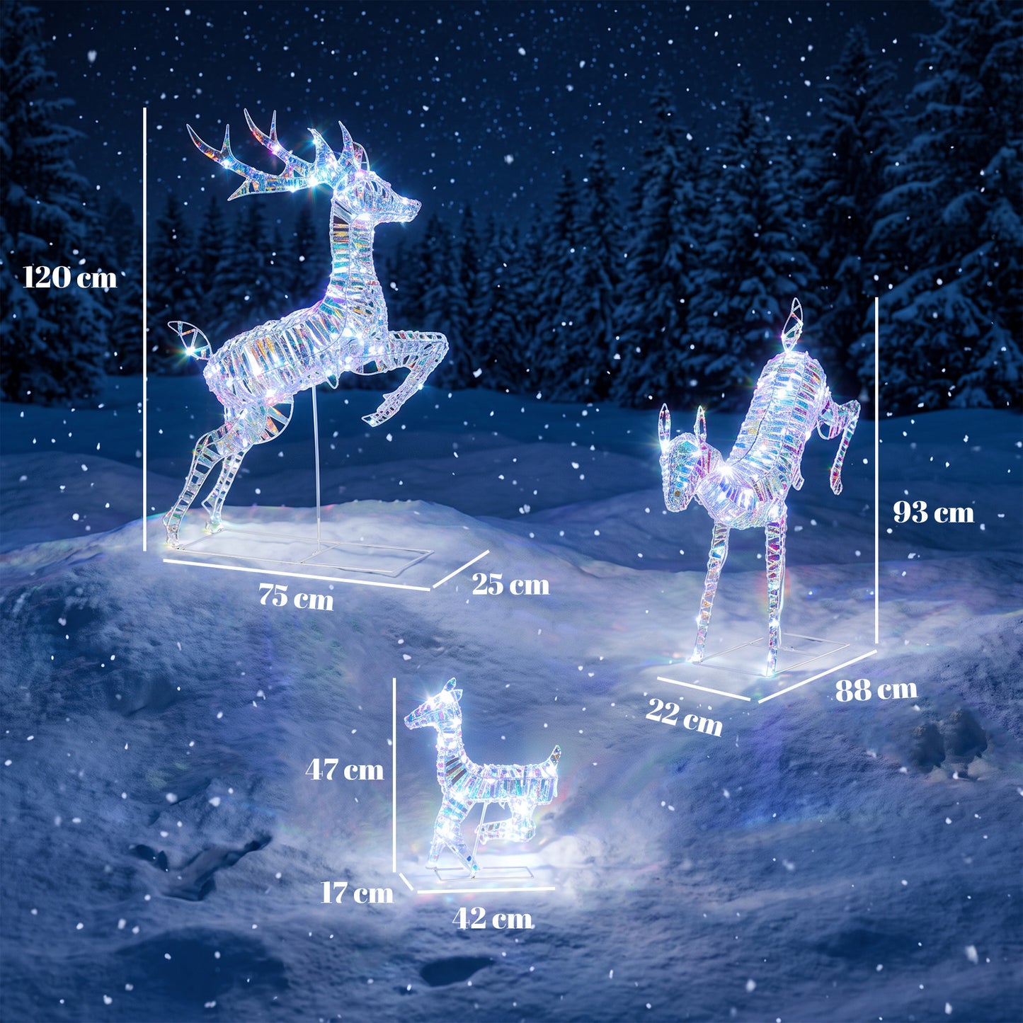 Outsunny 3-Piece Lighted Reindeer Family Set, Iridescent Outdoor Christmas Decoration, Deer Family with 8 Modes, Daily Timer