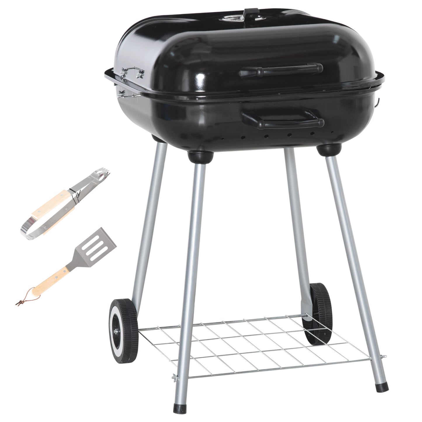 Outsunny przenośny grill węglowy z 2 kółkami i przyborami kuchennymi, wędzarnia z pokrywką do grillowania na świeżym powietrzu, kempingu, pikniku, dziedzińca