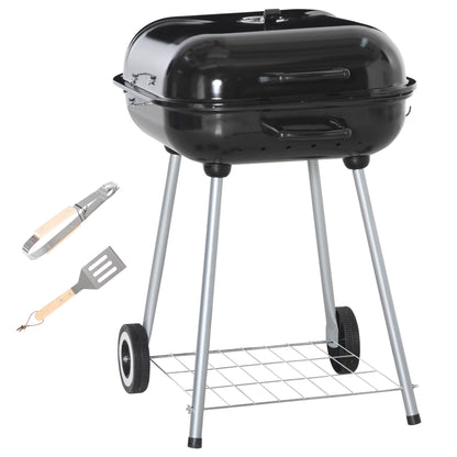 Outsunny przenośny grill węglowy z 2 kółkami i przyborami kuchennymi, wędzarnia z pokrywką do grillowania na świeżym powietrzu, kempingu, pikniku, dziedzińca