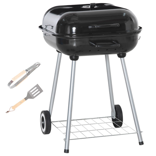 Outsunny przenośny grill węglowy z 2 kółkami i przyborami kuchennymi, wędzarnia z pokrywką do grillowania na świeżym powietrzu, kempingu, pikniku, dziedzińca