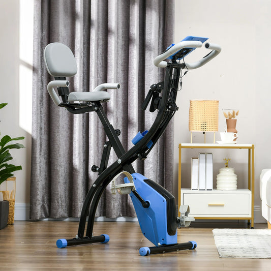 HOMCOM 2-in-1 Folding Exercise Bike with 8-Level Magnetic Resistance, Arm Resistance Band, Pulse Sensor, Blue