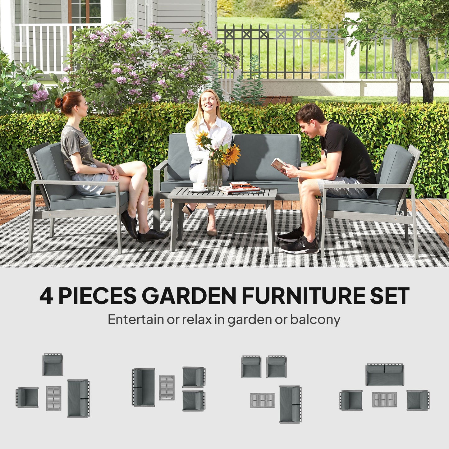 Outsunny 4-Piece Wooden Garden Furniture Set with Cushions - Light Grey