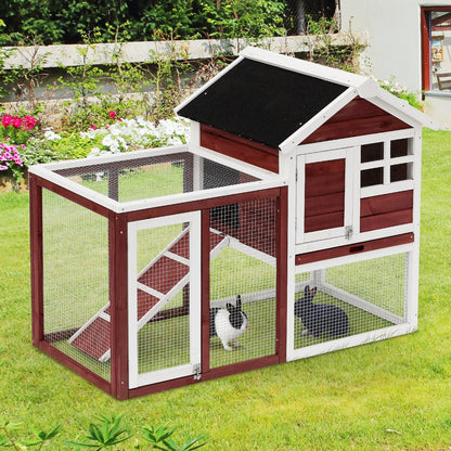 PawHut 122 Wooden Rabbit Hutch Bunny Cage with Waterproof Asphalt Roof, Fun Outdoor Run, Removable Tray and Ramp, Brown