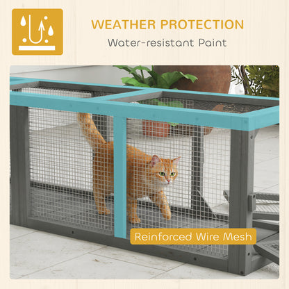 PawHut Outdoor Cat Tunnel, Wooden Play Cat Enclosure, Extendable Pet Run with 3 Doors, for Indoor and Outdoor Use, Grey