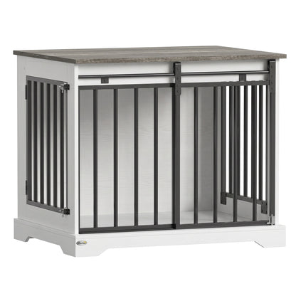 PawHut 80 cm Dog Crate Furniture with Sliding Barn Door for Medium Dogs, White