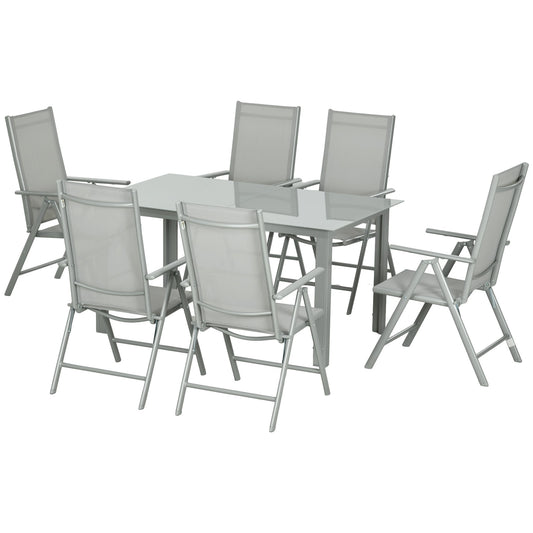 Outsunny 7 Piece Garden Dining Set, Outdoor Table and 6 Folding and Reclining Chairs, Aluminium Frame, Tempered Glass Top Table, Texteline Seats, Grey